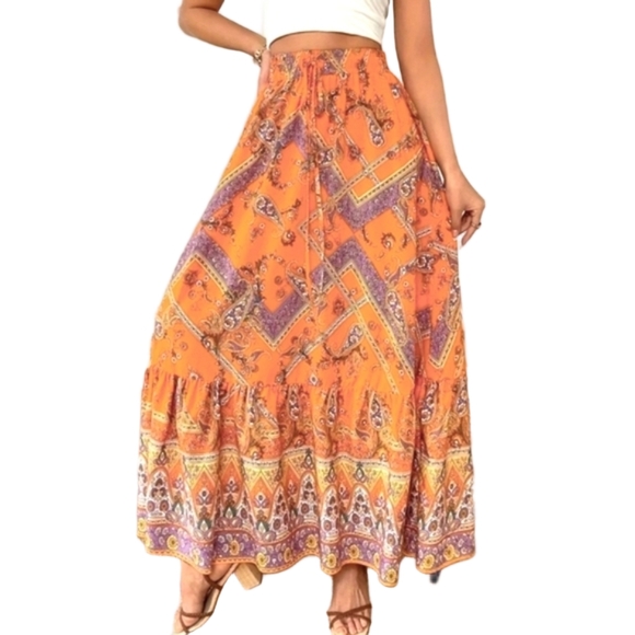 Maxi Skirt Orange Lightweight Flowy Vacay Skirts Vacation Outfit Bohemian Style - Picture 9 of 11